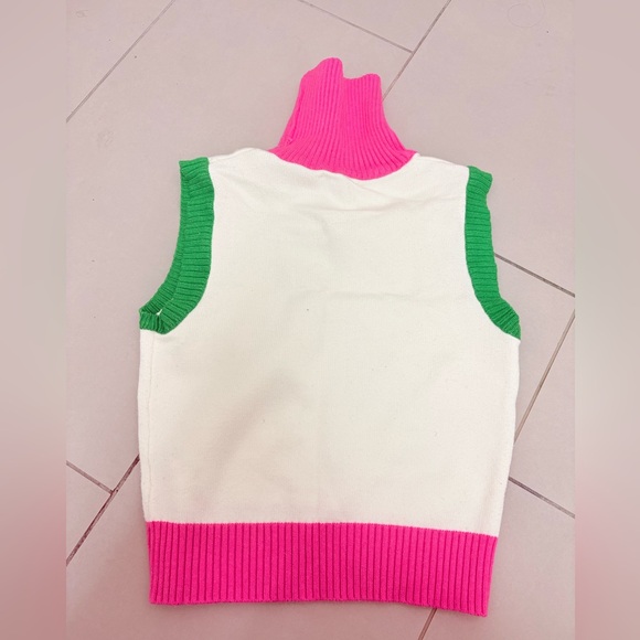 Sweaters - Pink and Green Sleeveless Turtleneck Sweater